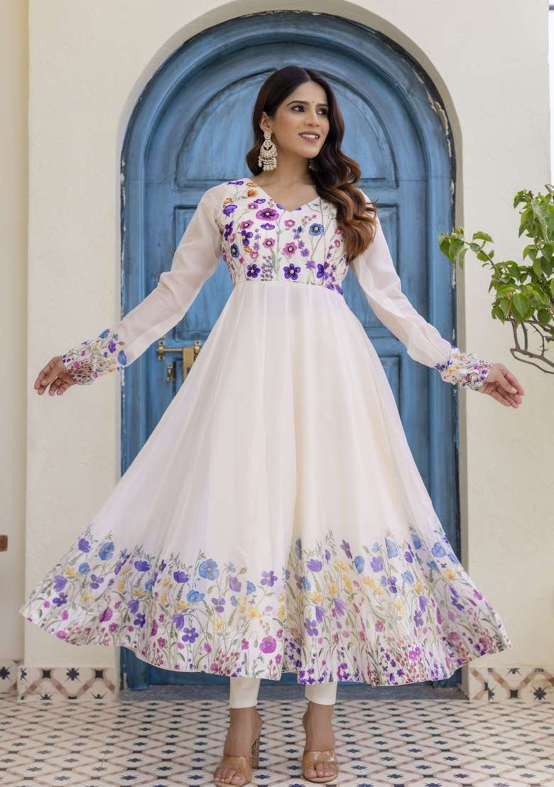 Off White Printed Organza Kurta Set - Indya