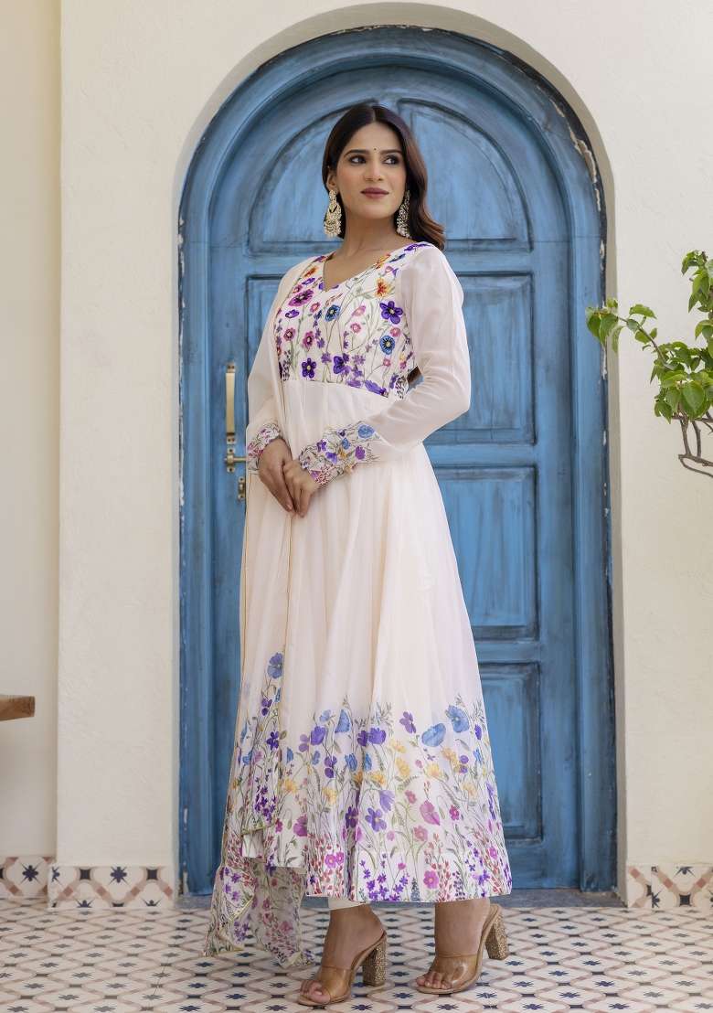 Off White Printed Organza Kurta Set - Indya