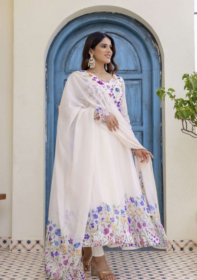 Off White Printed Organza Kurta Set - Indya