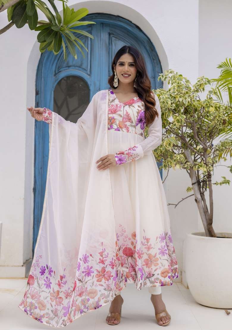 Off White Printed Organza Kurta Set - Indya