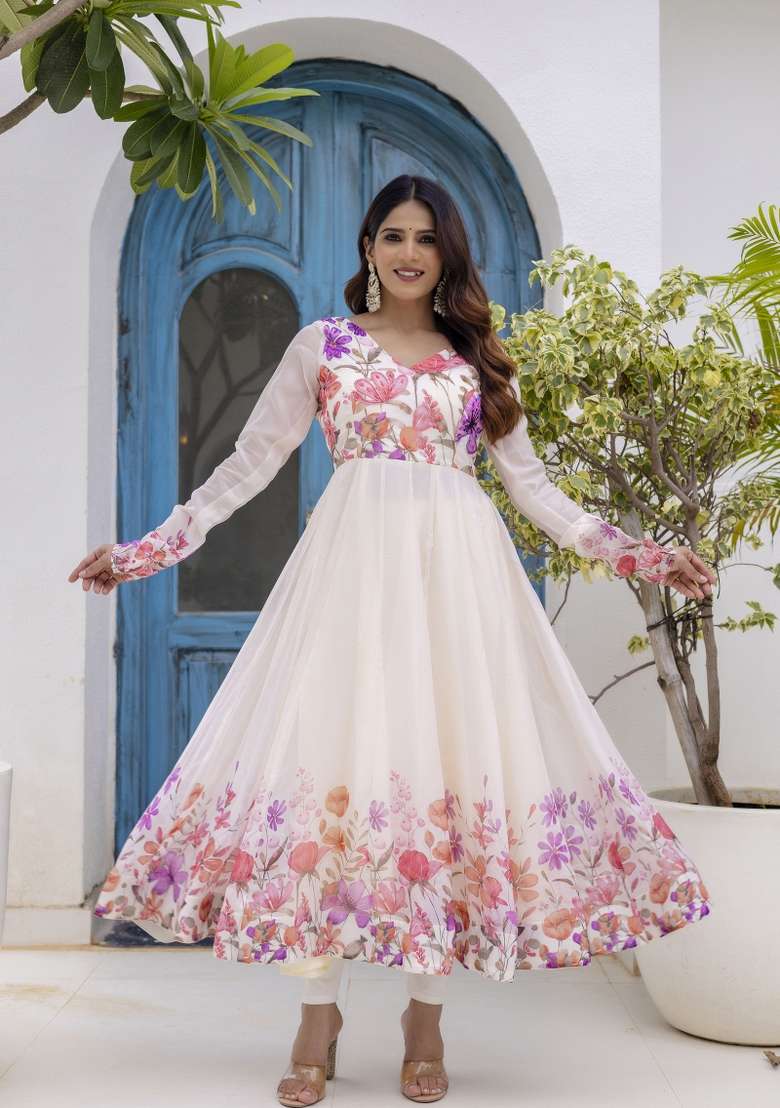 Off White Printed Organza Kurta Set - Indya