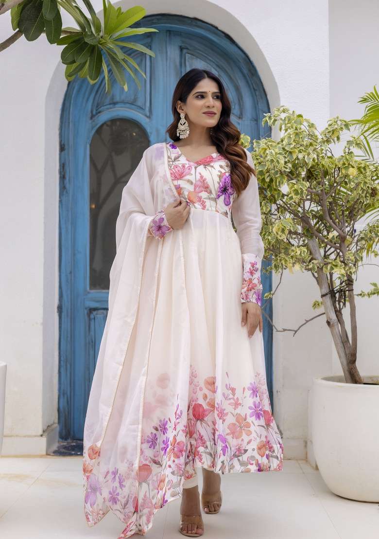 Off White Printed Organza Kurta Set - Indya