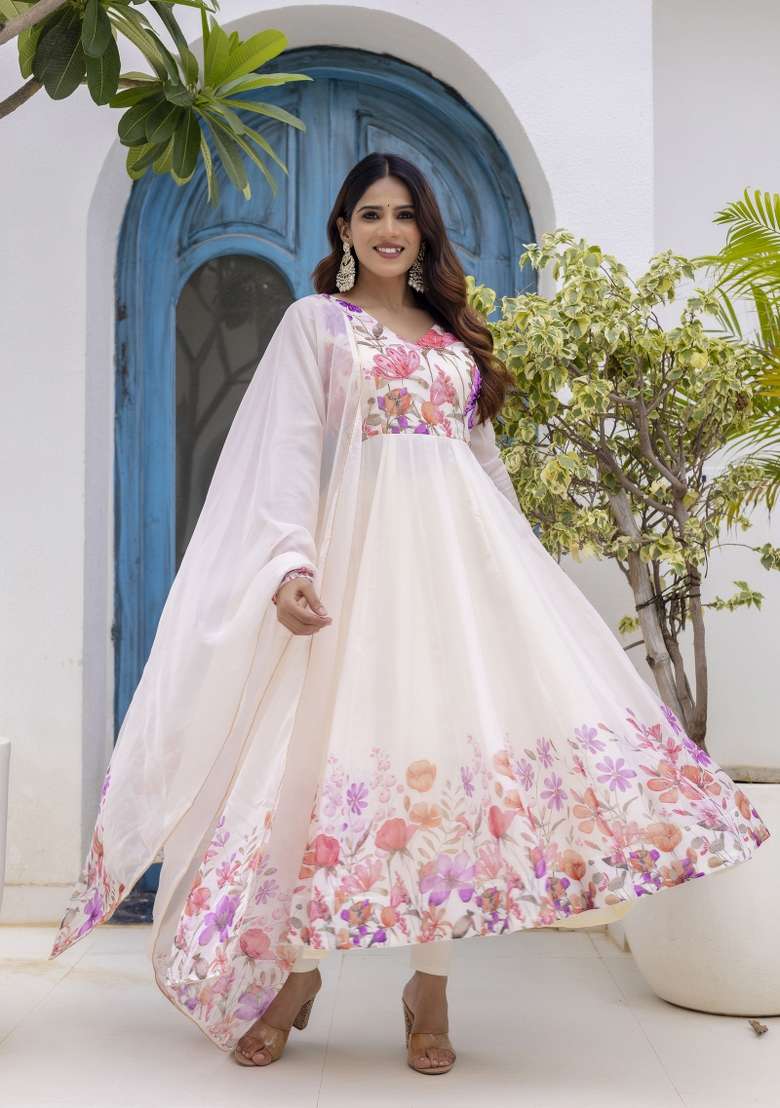Off White Printed Organza Kurta Set - Indya