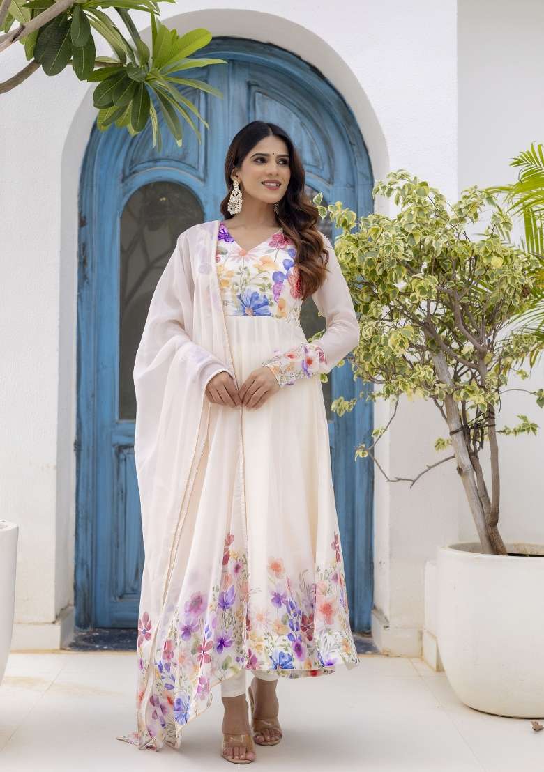 Off White Printed Organza Kurta Set - Indya