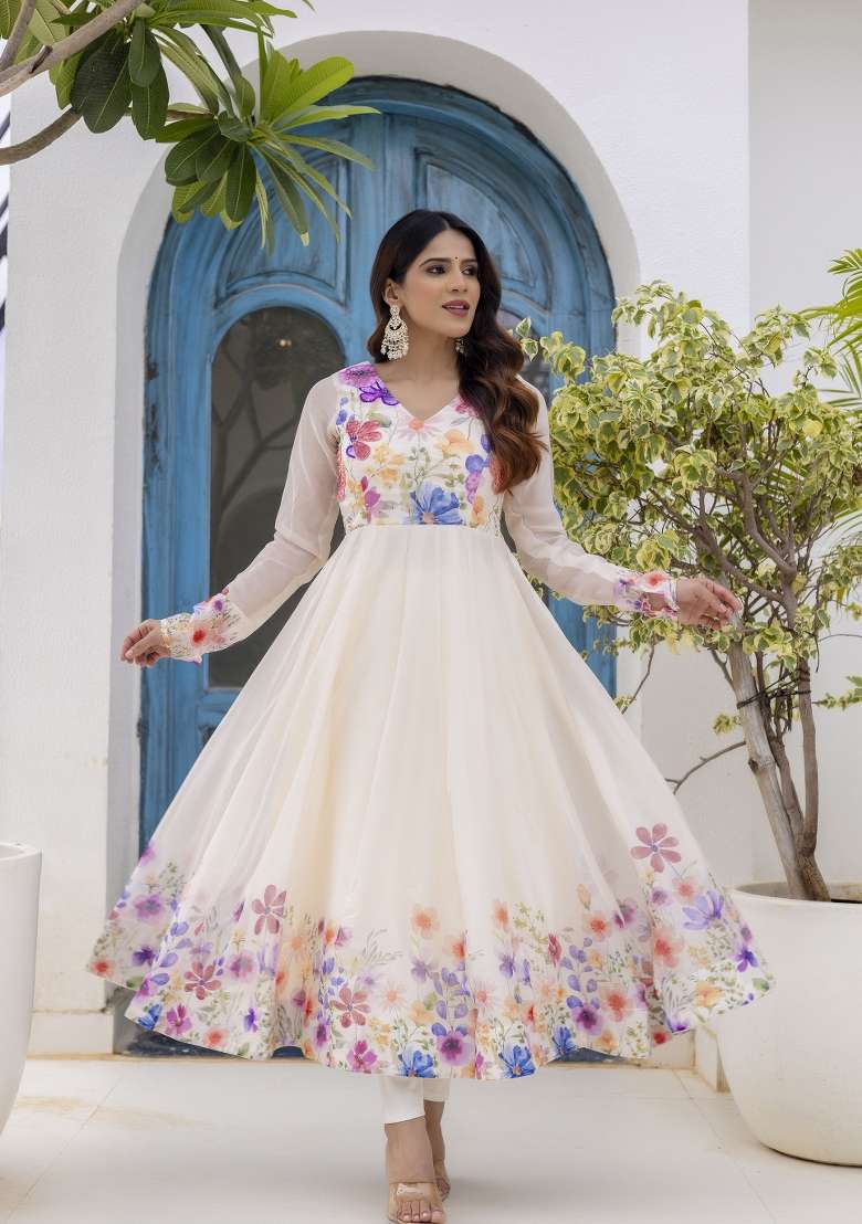 Off White Printed Organza Kurta Set - Indya