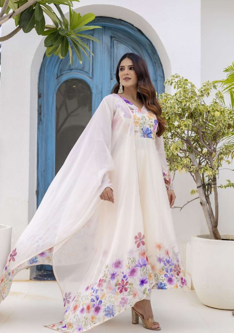 Off White Printed Organza Kurta Set - Indya