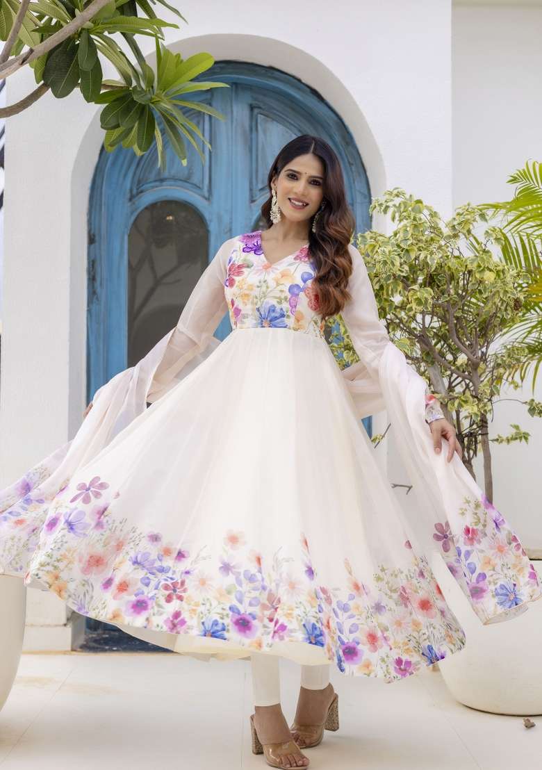 Off White Printed Organza Kurta Set - Indya