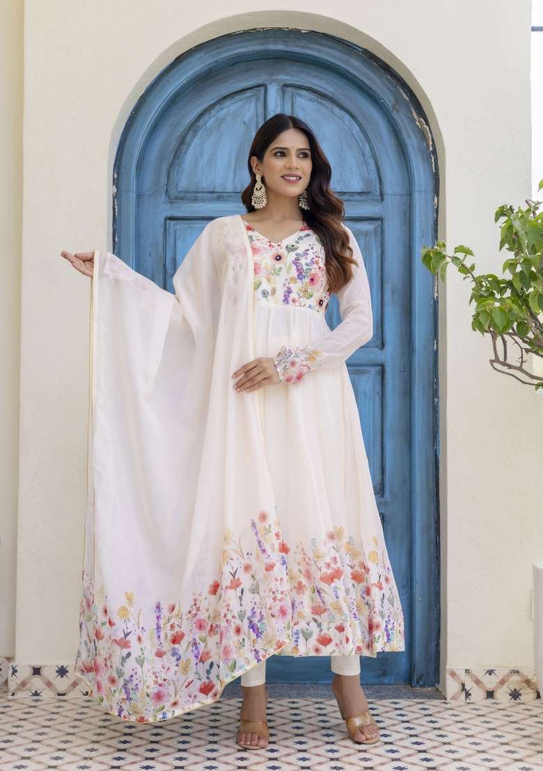 Off White Printed Organza Kurta Set - Indya