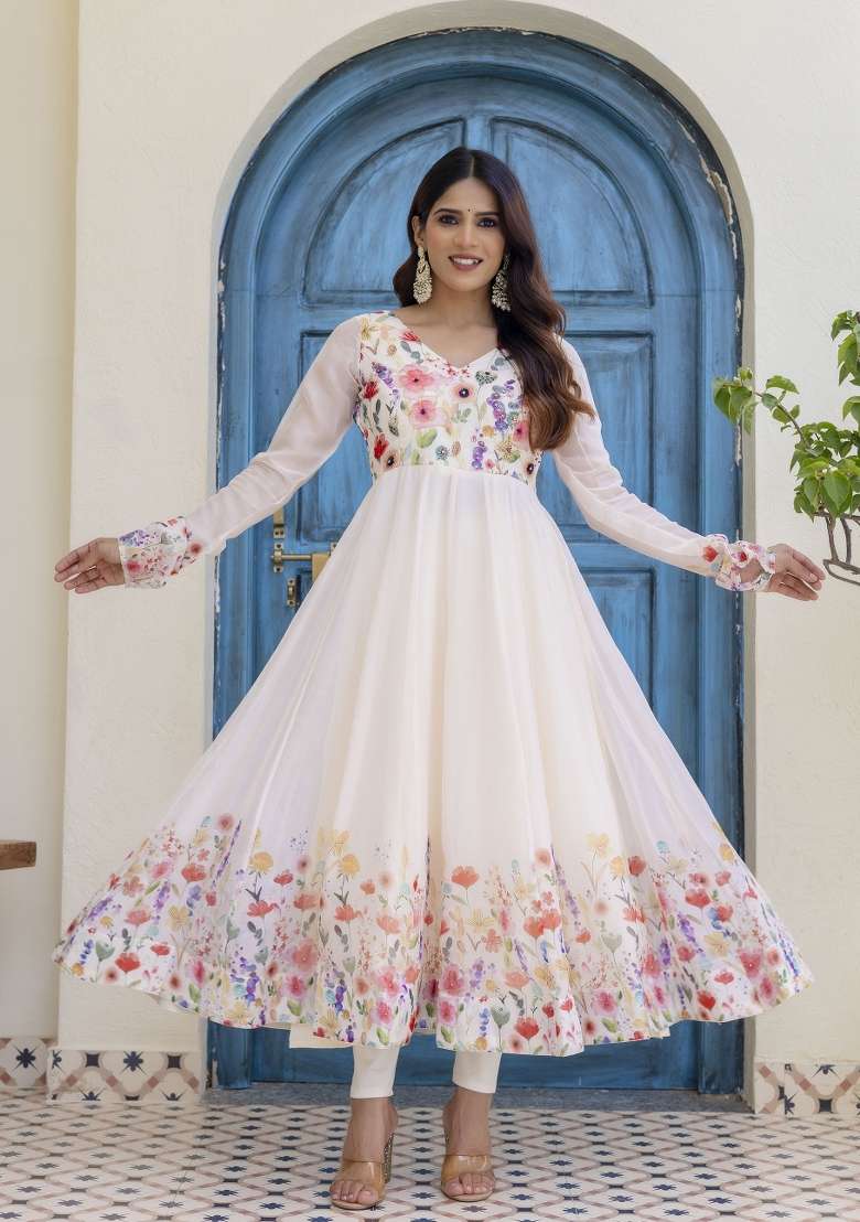 Off White Printed Organza Kurta Set - Indya