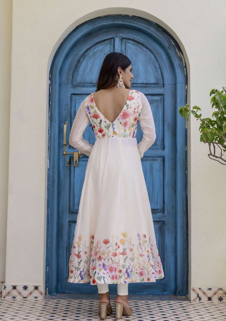 Off White Printed Organza Kurta Set - Indya