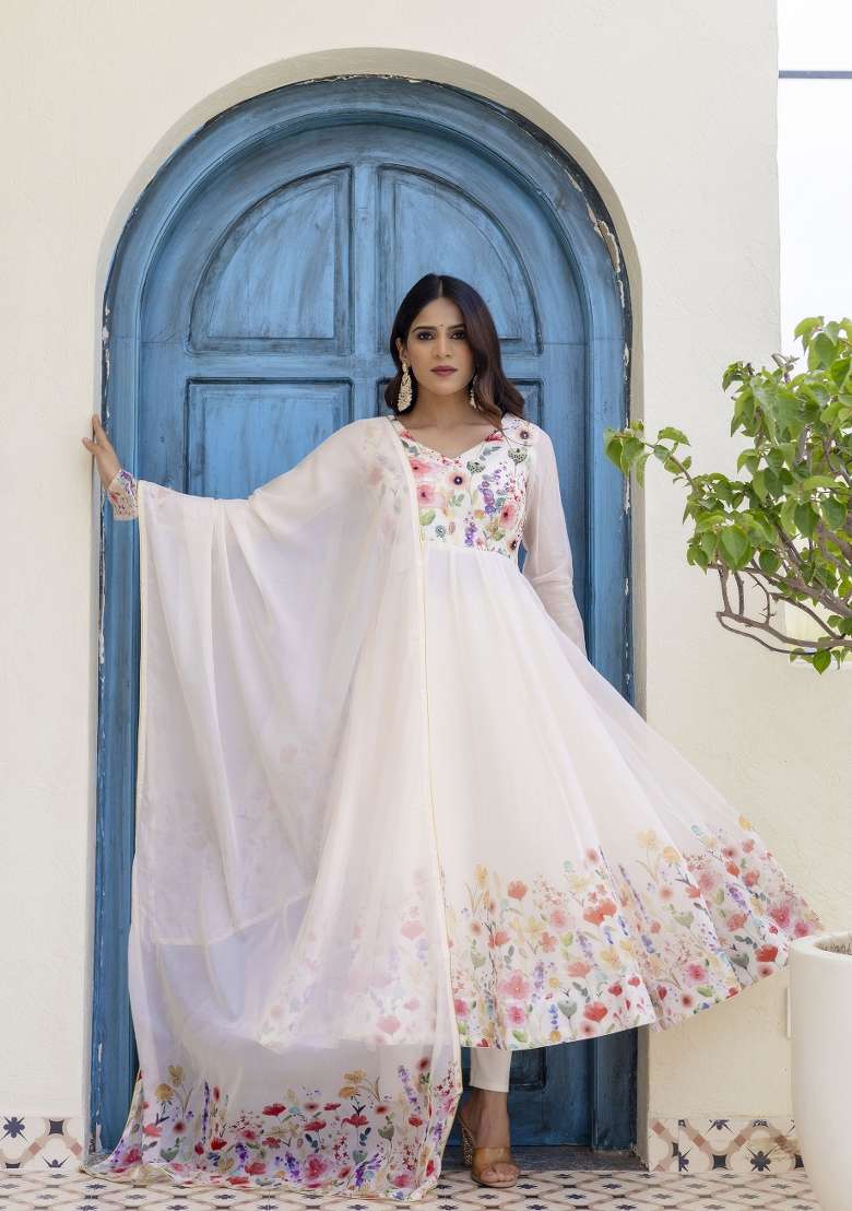 Off White Printed Organza Kurta Set - Indya