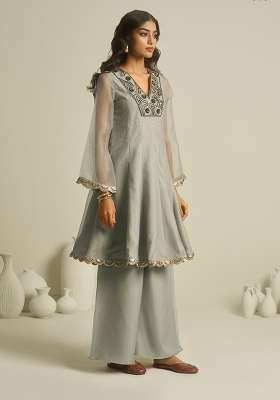 Grey Hand Work Silk Blend Kurta Set