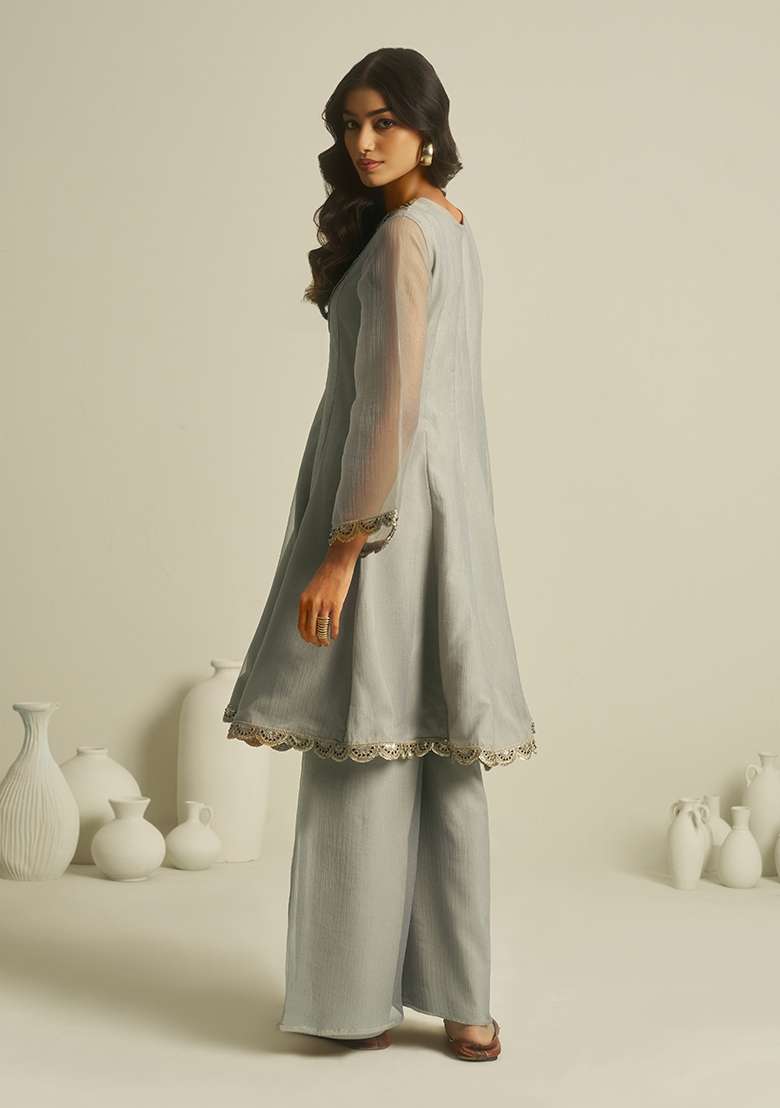 Grey Hand Work Silk Blend Kurta Set - Indya