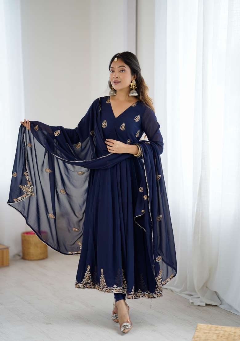 Navy Blue Embroidered Georgette Kurta Set - Indya