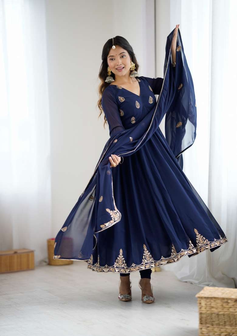 Navy Blue Embroidered Georgette Kurta Set - Indya