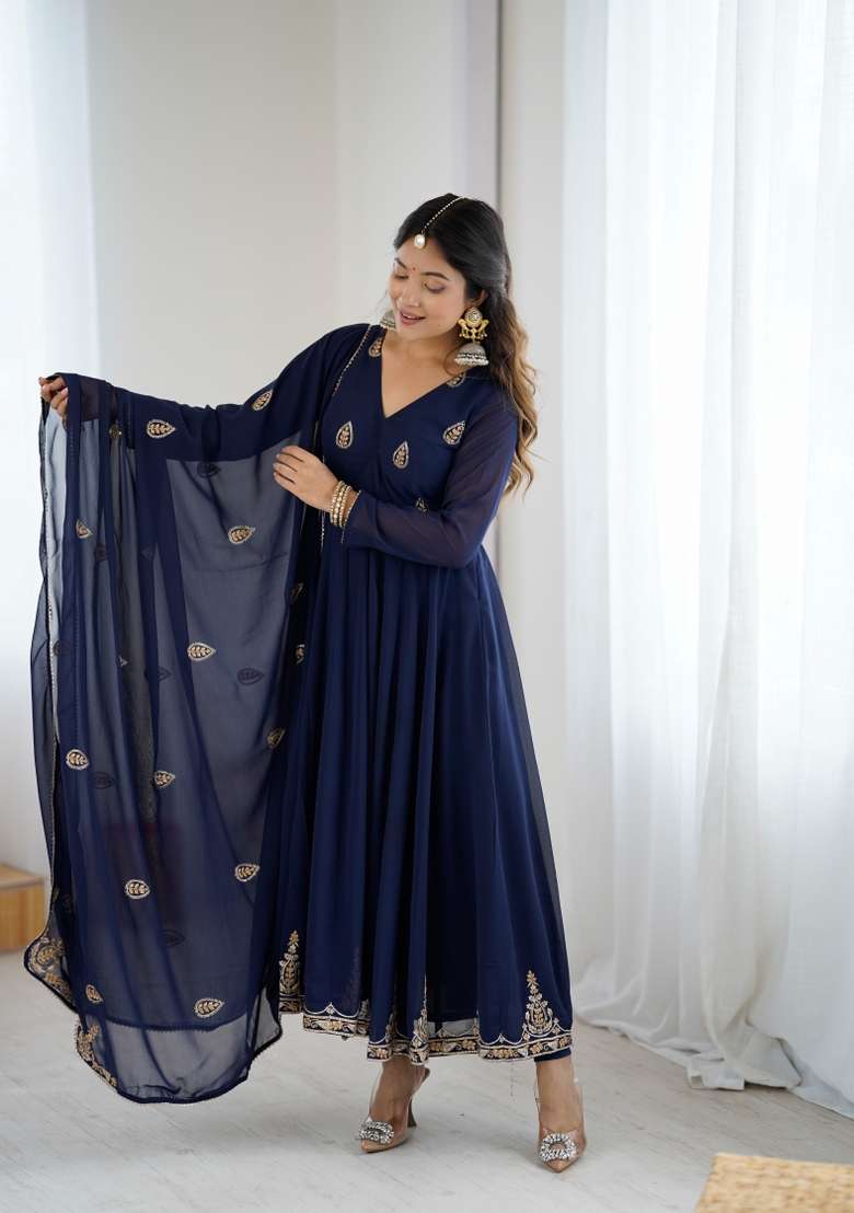 Navy Blue Embroidered Georgette Kurta Set - Indya