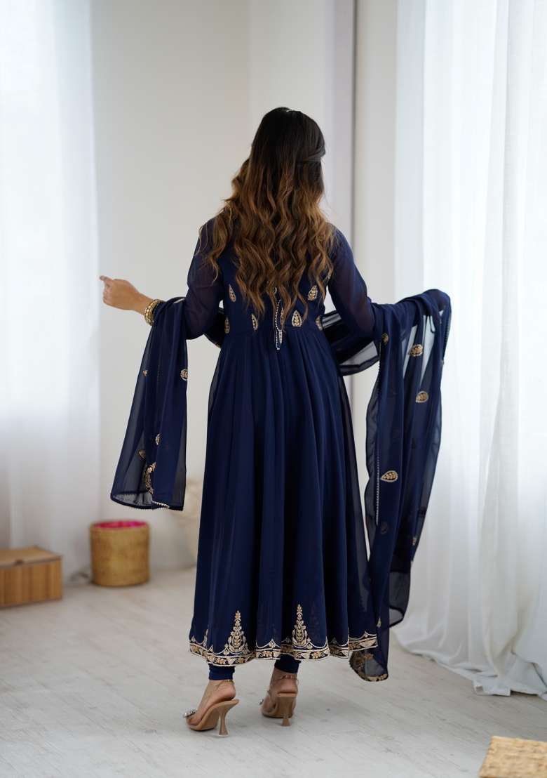 Navy Blue Embroidered Georgette Kurta Set - Indya