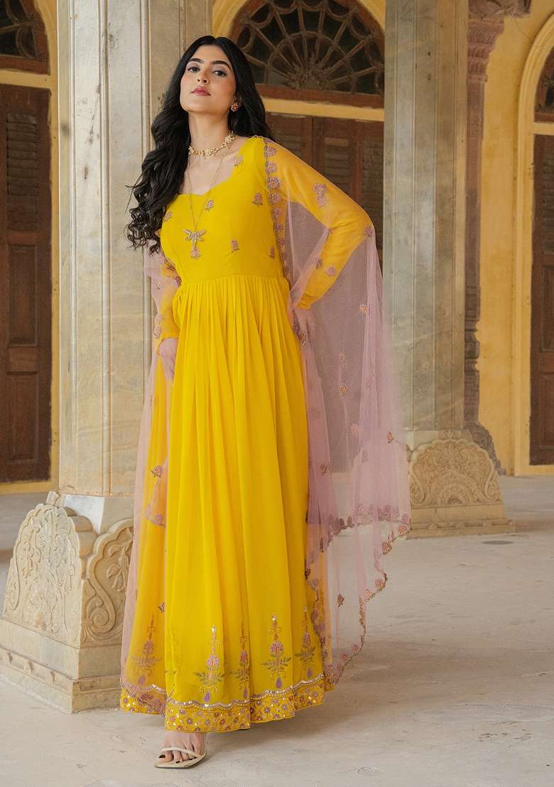 Yellow Embroidered Georgette Gown With Dupatta - Indya