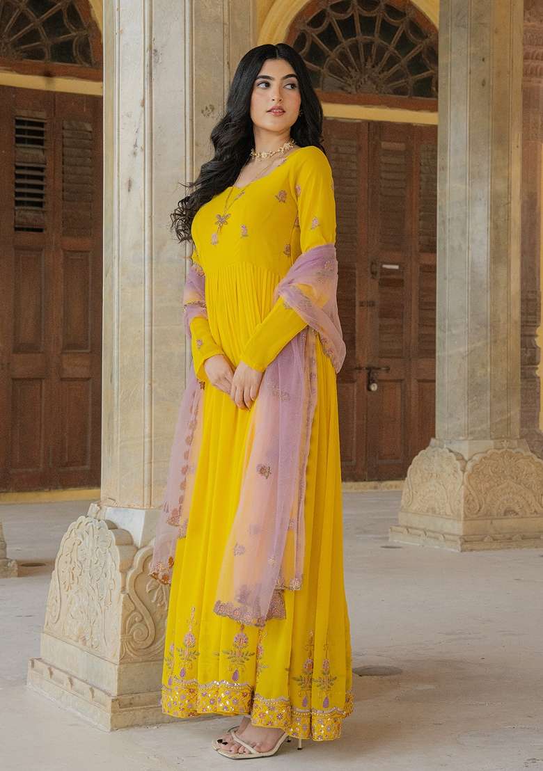 Yellow Embroidered Georgette Gown With Dupatta - Indya