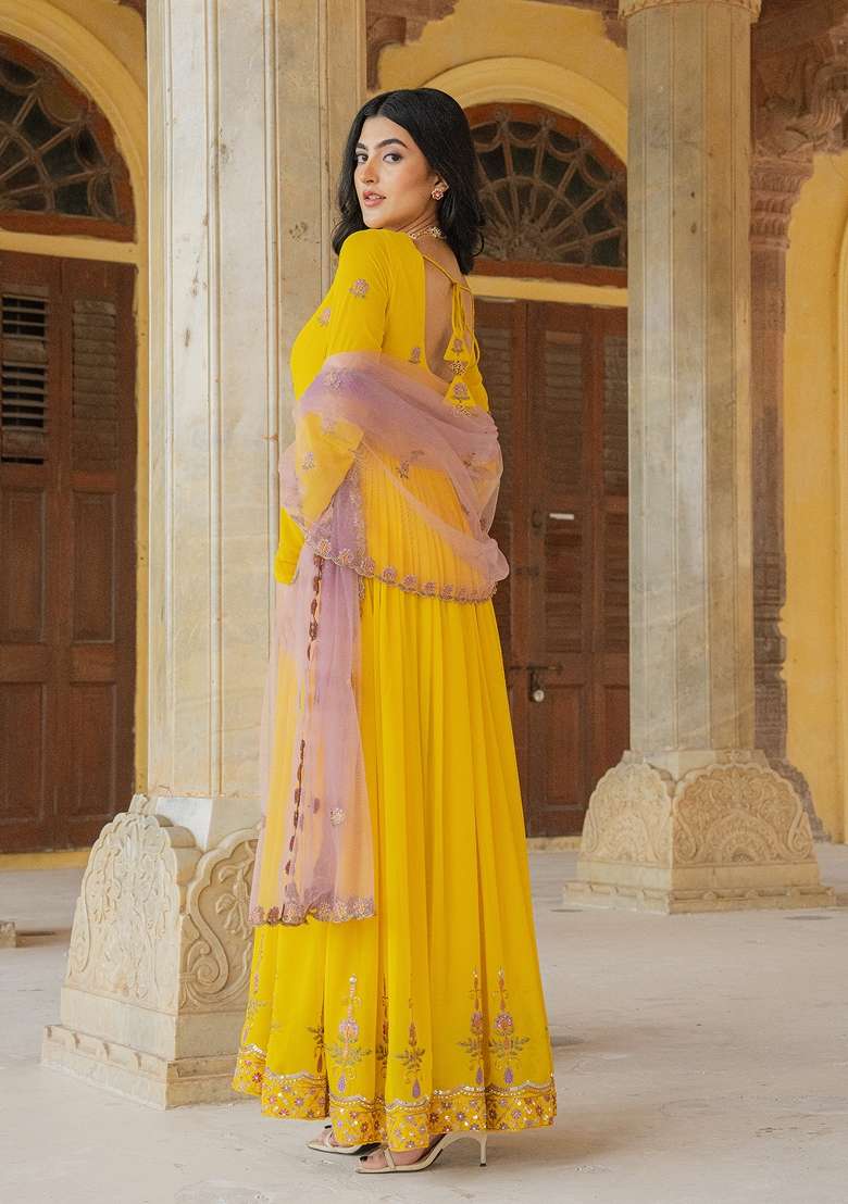 Yellow Embroidered Georgette Gown With Dupatta - Indya
