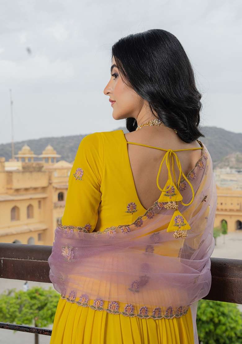 Yellow Embroidered Georgette Gown With Dupatta - Indya