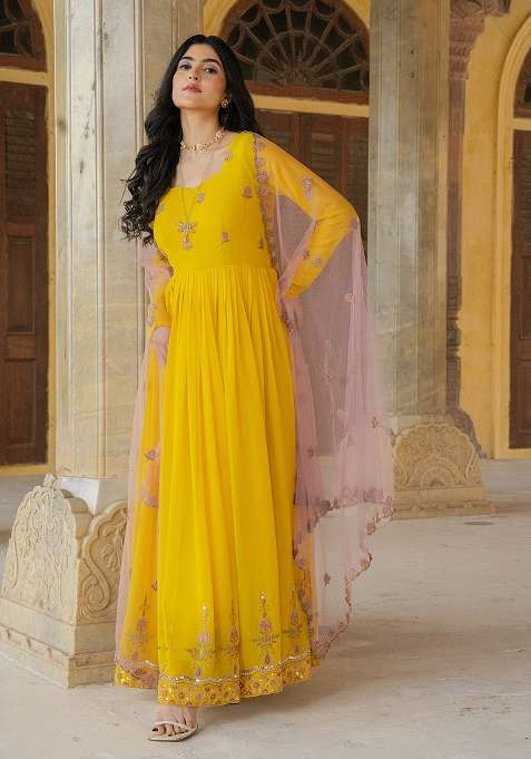 Yellow Embroidered Georgette Gown With Dupatta