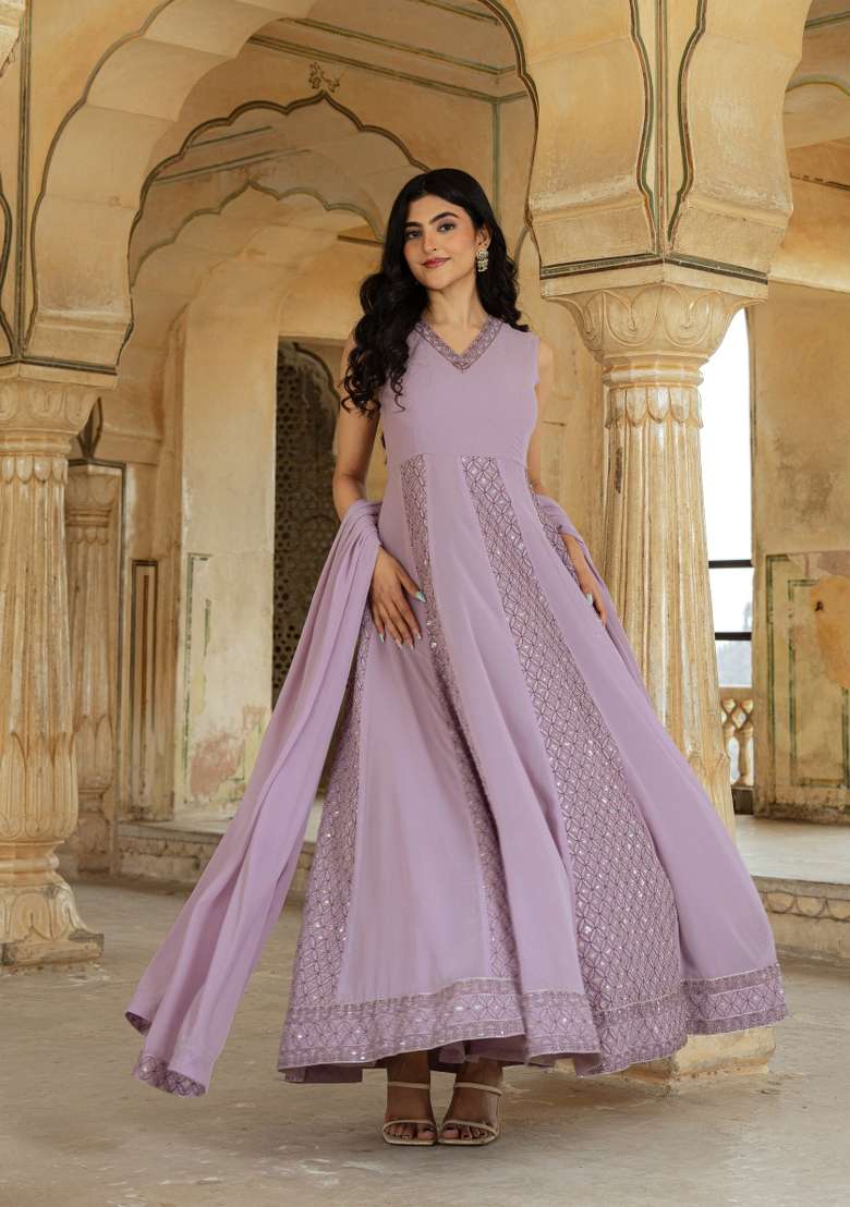Lavender Embroidered Georgette Gown With Dupatta - Indya