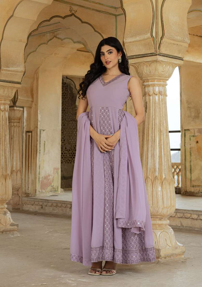 Lavender Embroidered Georgette Gown With Dupatta - Indya