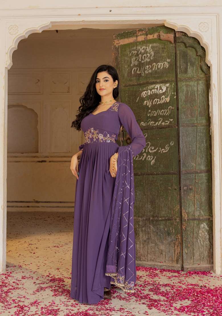 Purple Embroidered Georgette Gown With Dupatta - Indya