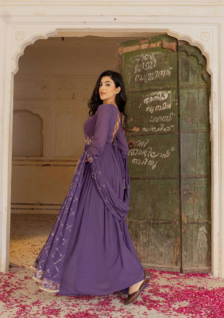 Purple Embroidered Georgette Gown With Dupatta - Indya