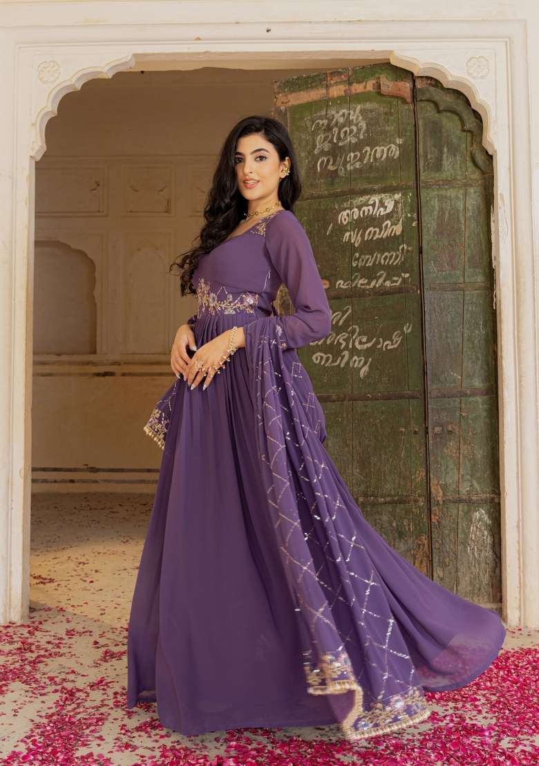 Purple Embroidered Georgette Gown With Dupatta - Indya