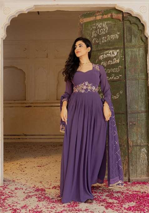 Purple Embroidered Georgette Gown With Dupatta