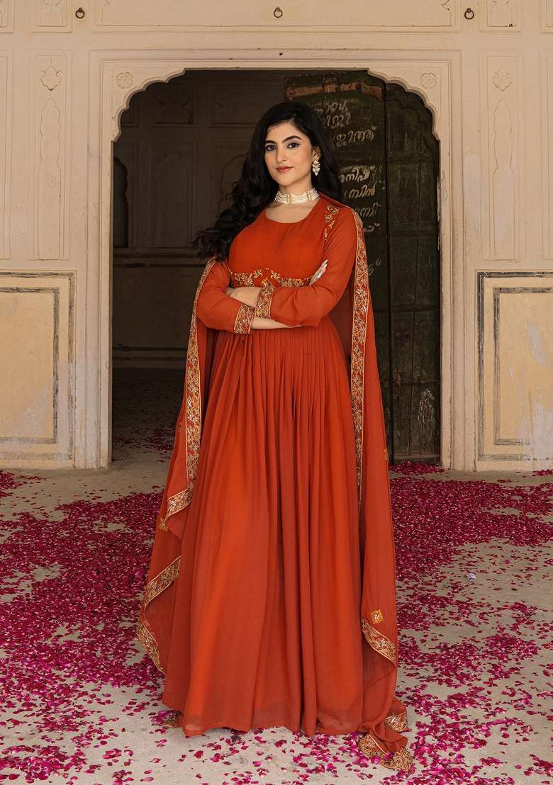 Rust Embroidered Georgette Gown With Dupatta - Indya
