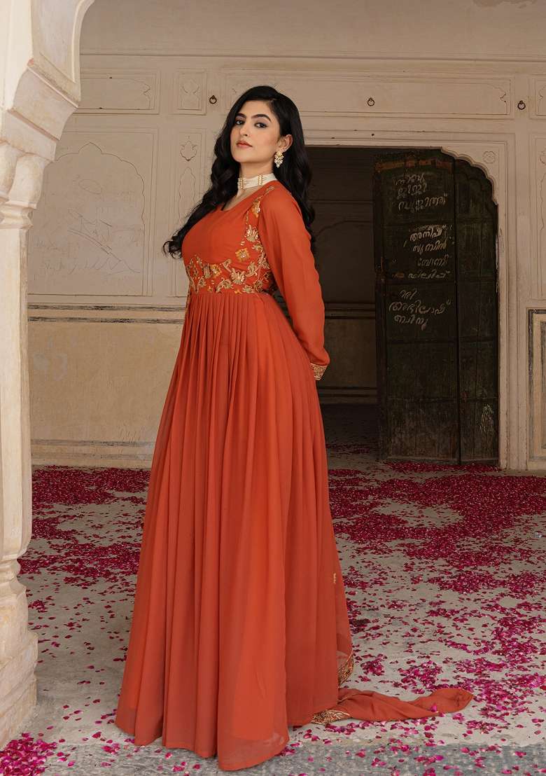Rust Embroidered Georgette Gown With Dupatta - Indya