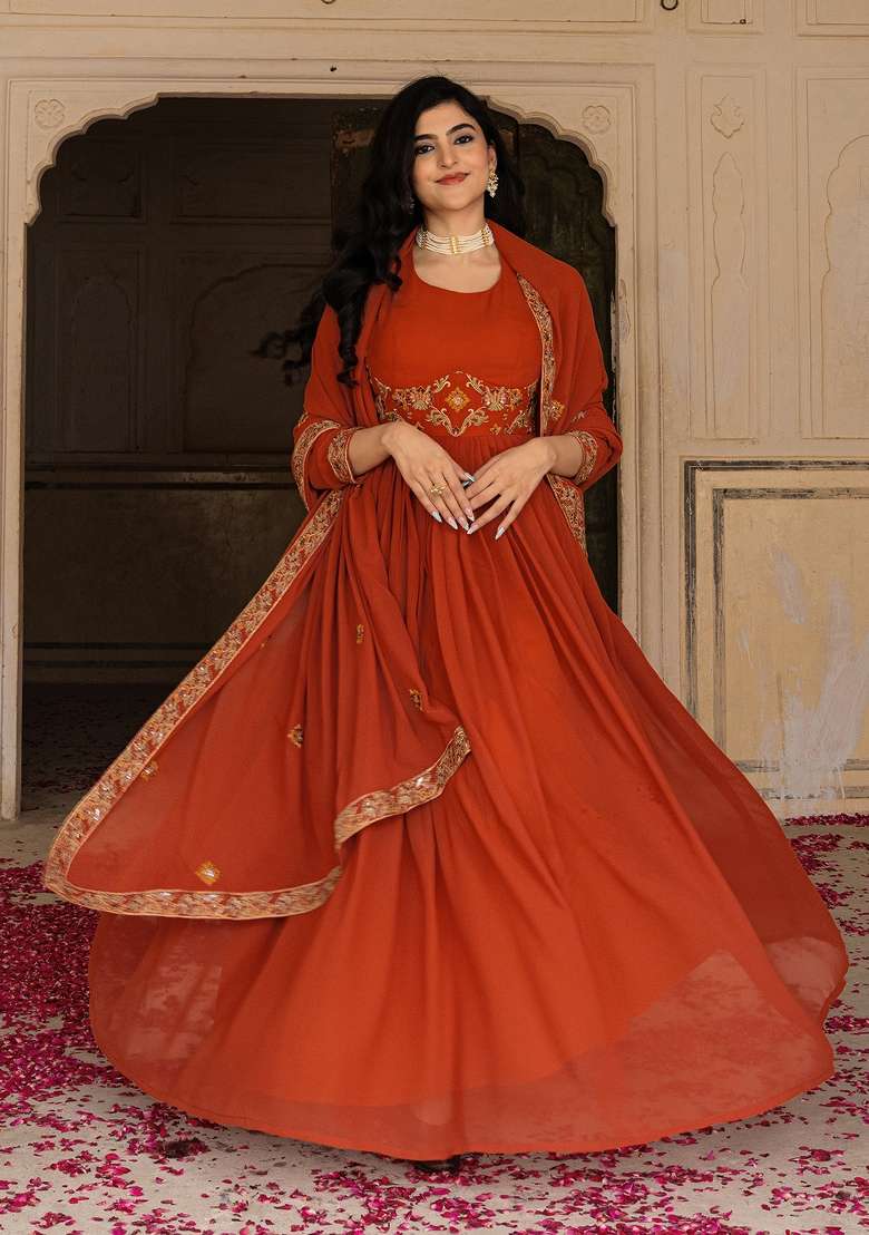 Rust Embroidered Georgette Gown With Dupatta - Indya