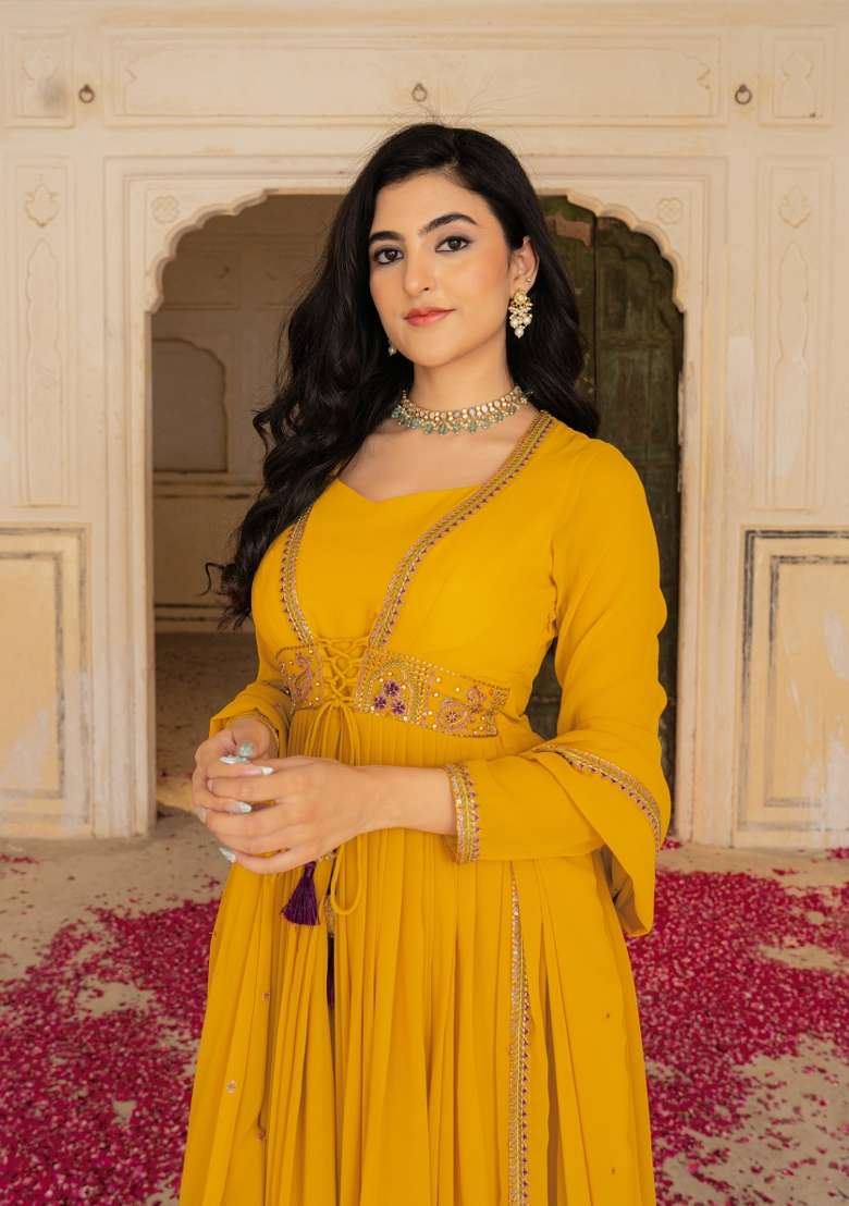 Mustard Embroidered Georgette Gown With Dupatta - Indya