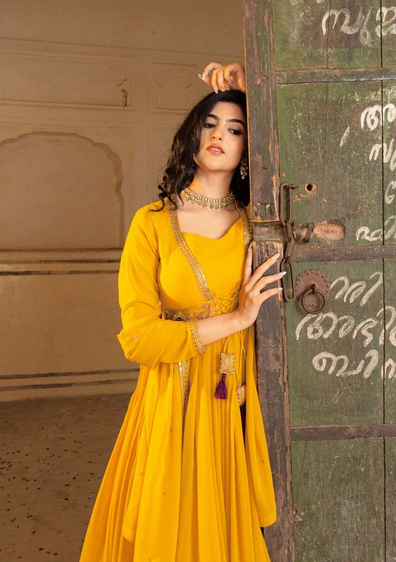 Mustard Embroidered Georgette Gown With Dupatta - Indya