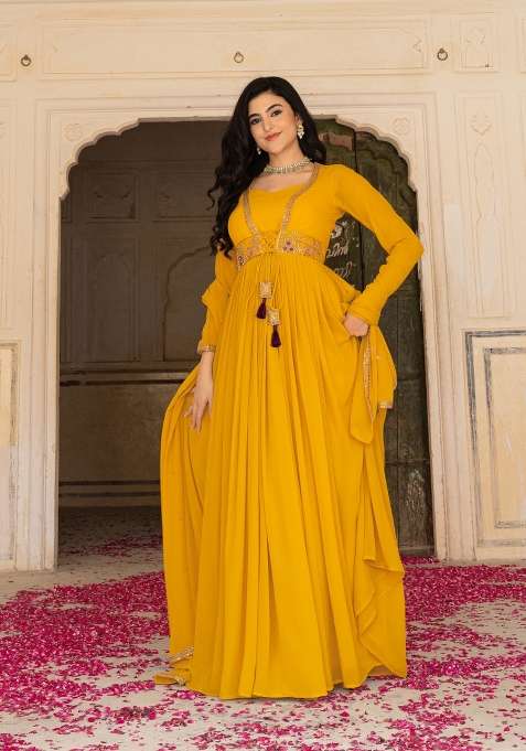 Mustard Embroidered Georgette Gown With Dupatta