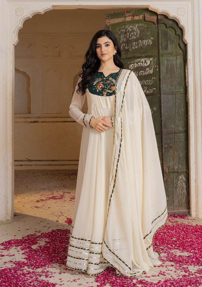 Off White Embroidered Georgette Gown With Dupatta - Indya