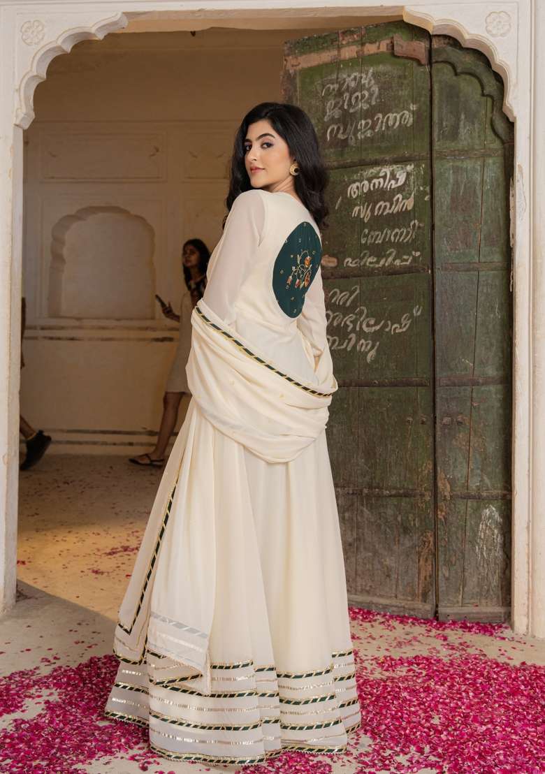 Off White Embroidered Georgette Gown With Dupatta - Indya
