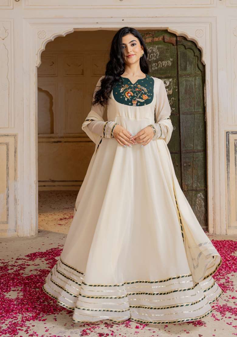 Off White Embroidered Georgette Gown With Dupatta - Indya