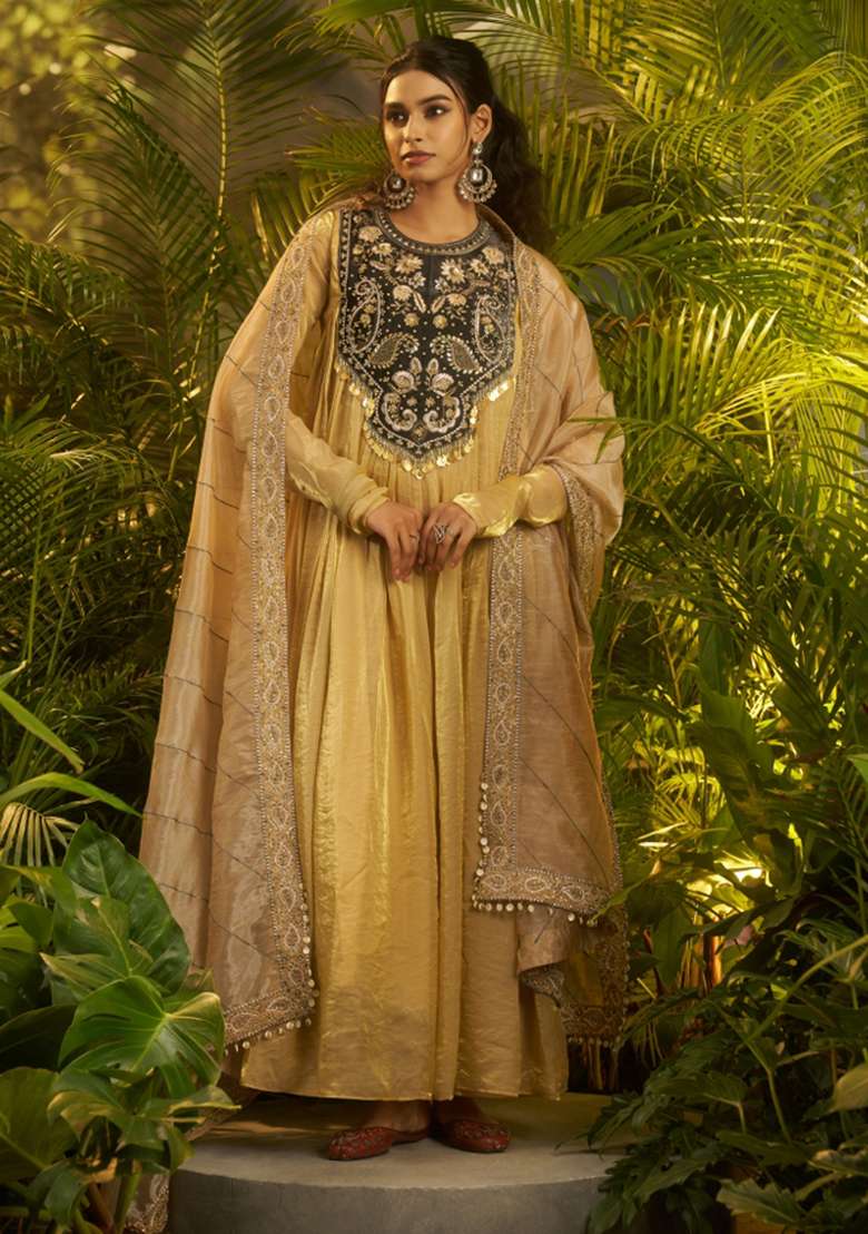 Beige Hand Work Organza Gown With Dupatta - Indya