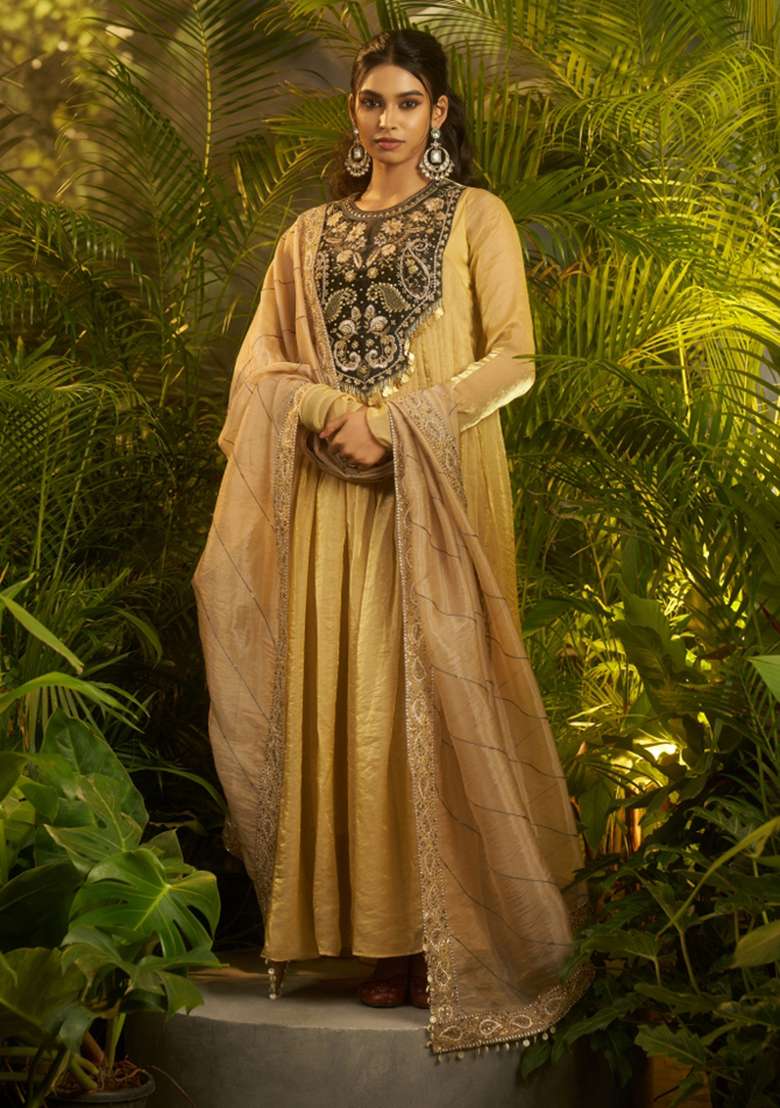 Beige Hand Work Organza Gown With Dupatta - Indya