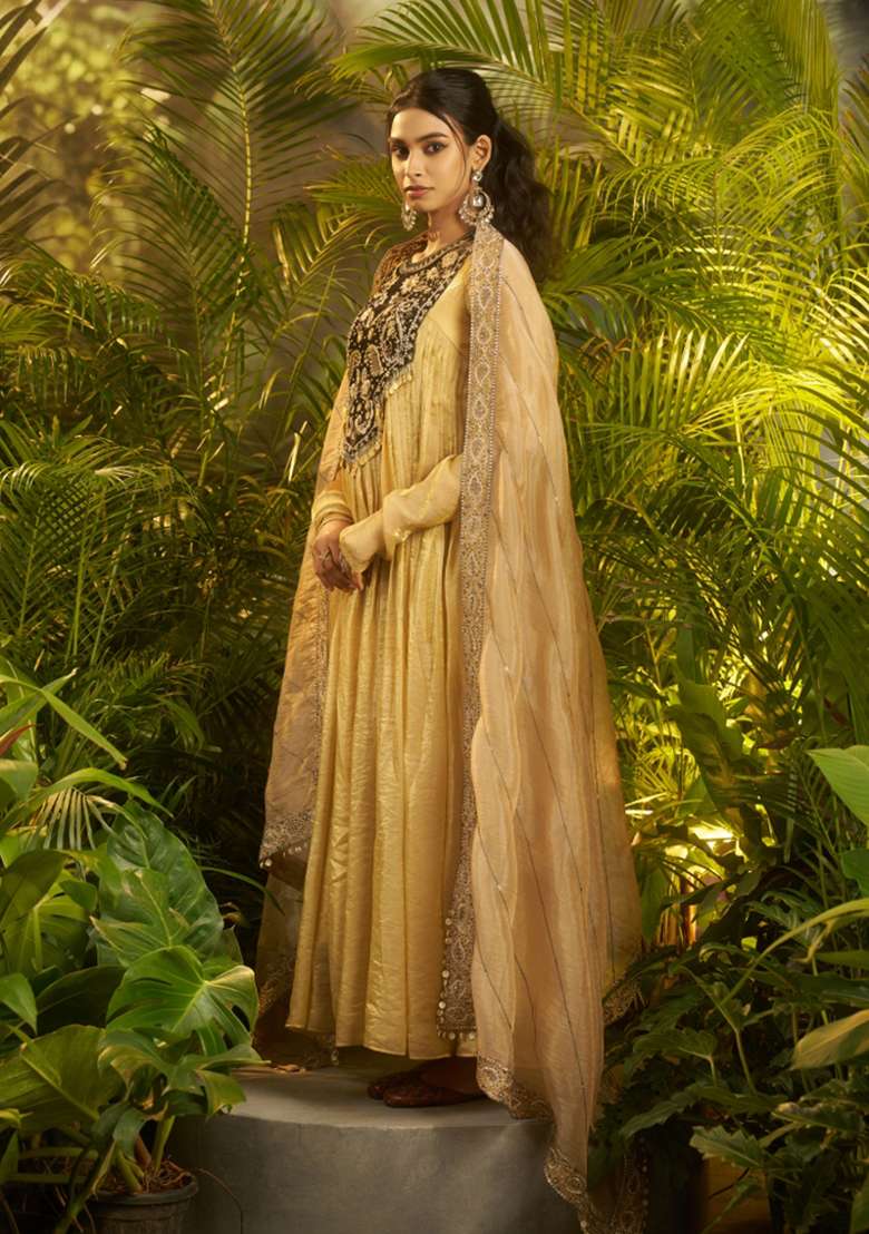 Beige Hand Work Organza Gown With Dupatta - Indya