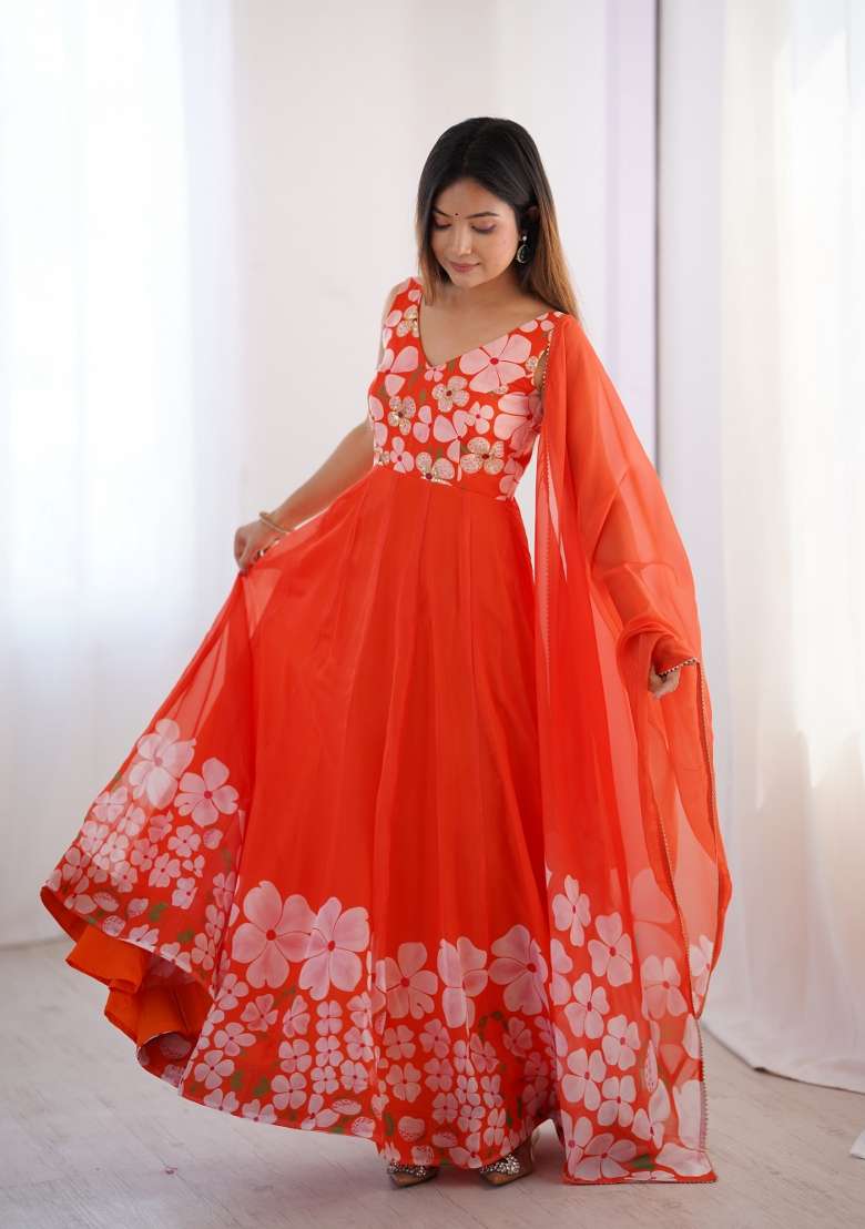Orange Hand Work Organza Gown With Dupatta - Indya