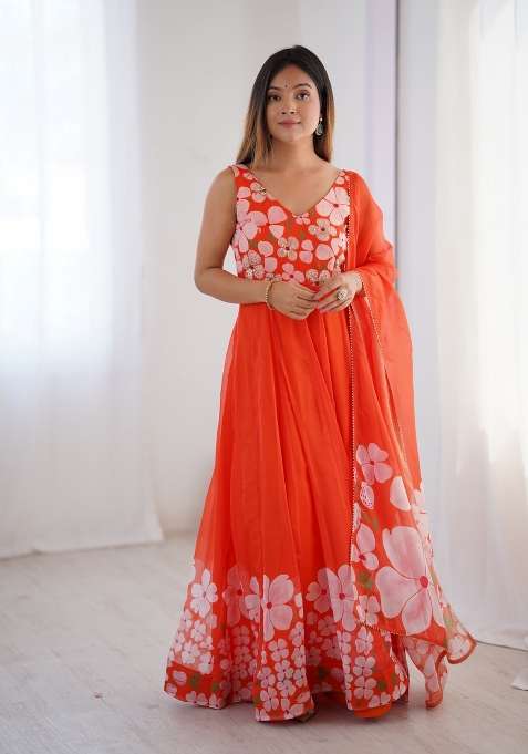 Orange Hand Work Organza Gown With Dupatta
