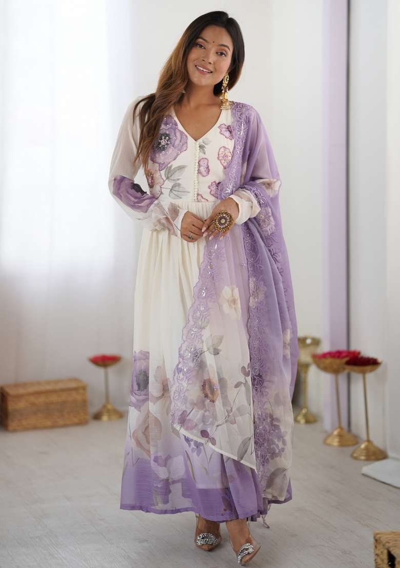 White Hand Work Chiffon Gown With Dupatta - Indya