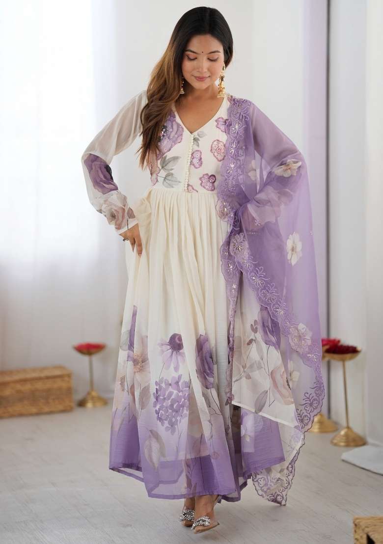White Hand Work Chiffon Gown With Dupatta - Indya