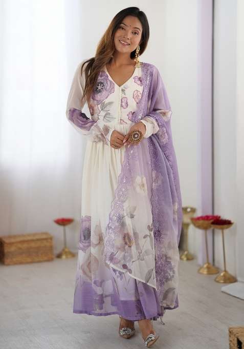 White Hand Work Chiffon Gown With Dupatta