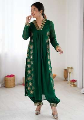Dark Green Embroidered Georgette Kurta Set